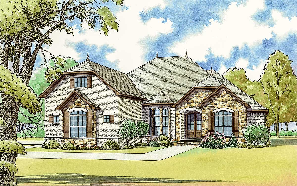 House plan exterior featuring a stone and brick facade, arched entry, multiple gables, and shuttered windows; one story.