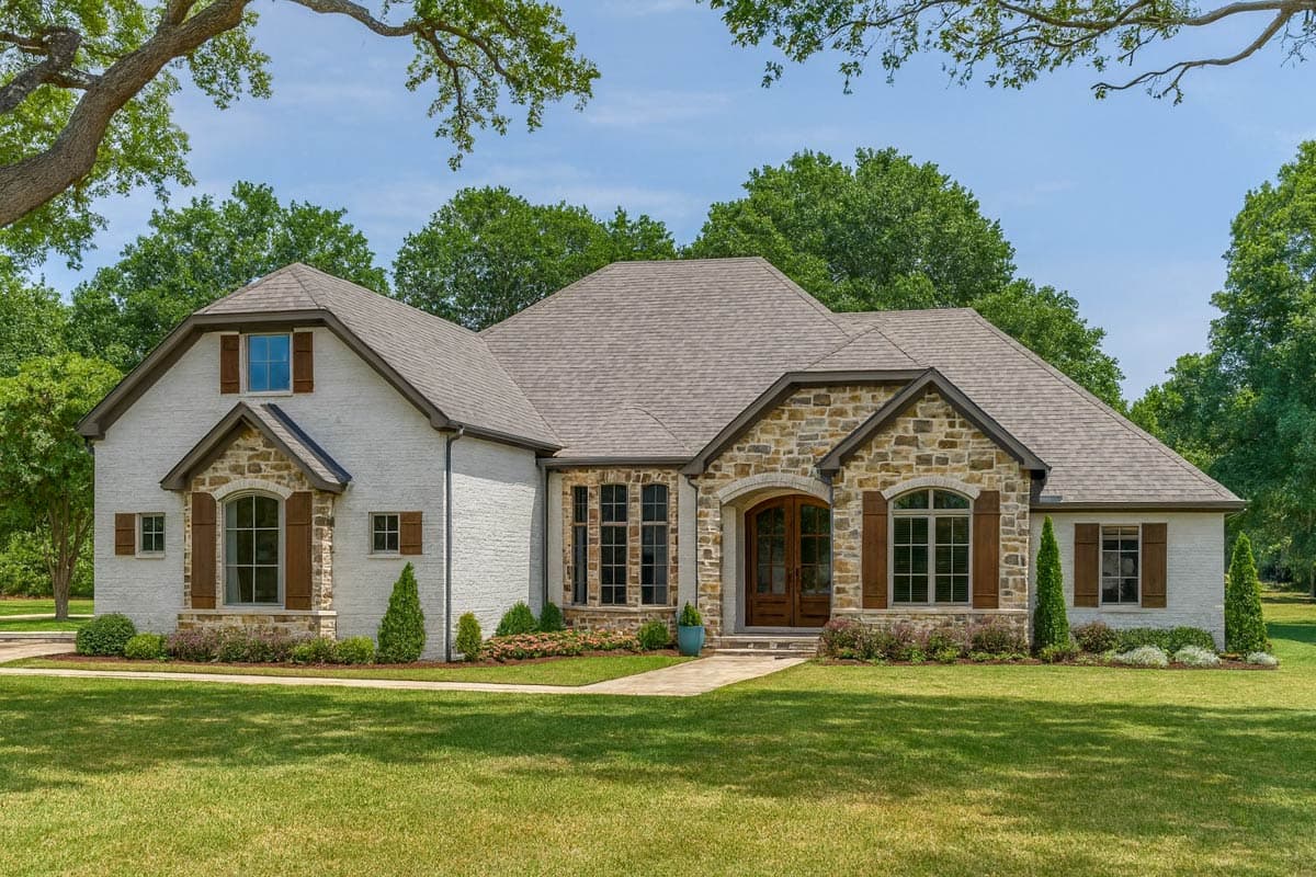 House plan exterior featuring a stone and brick facade, multiple gables, and shuttered windows.  Includes a walkway leading to a double-door entry.