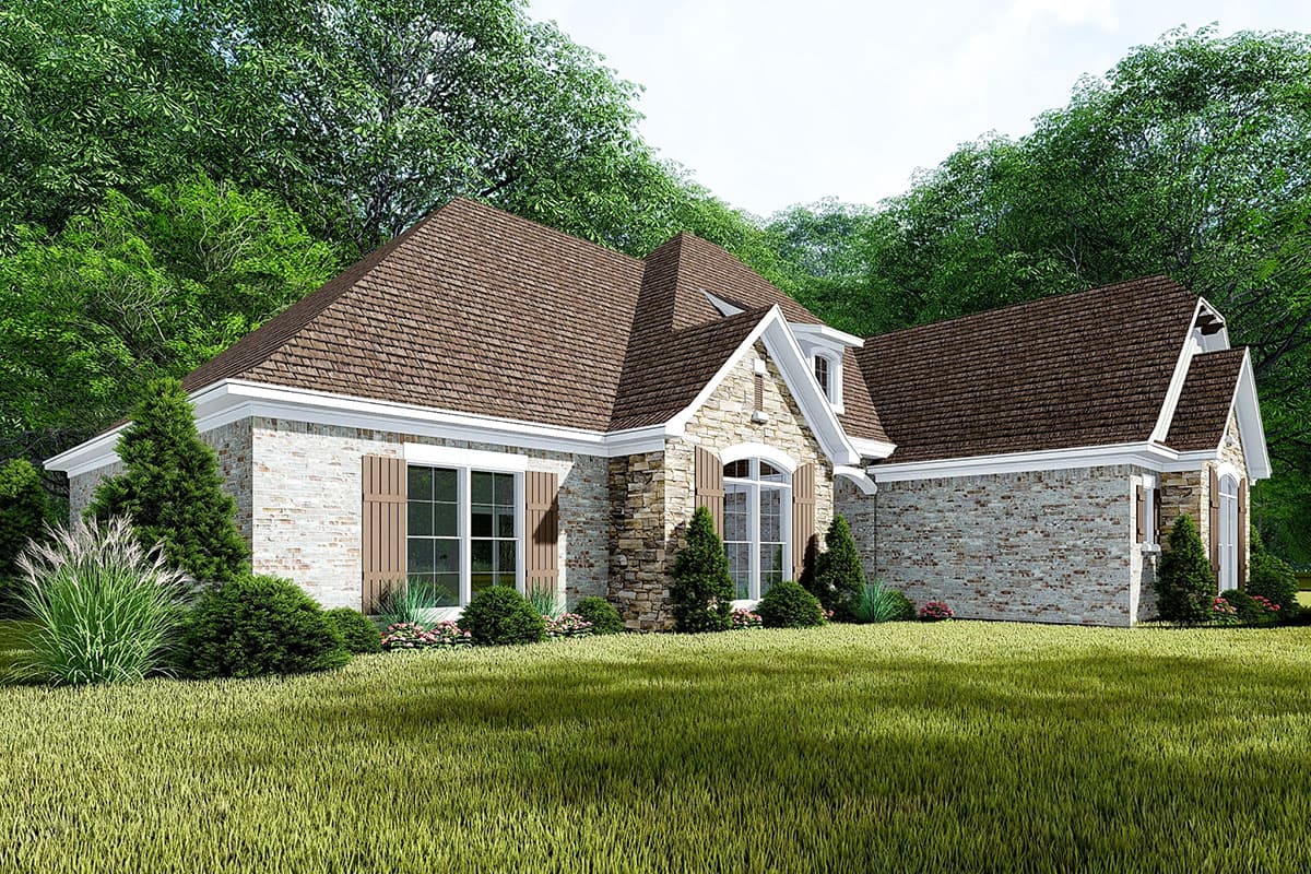 House plan exterior of a one-story home with stone and brick facade, gable roof, and dormer window.