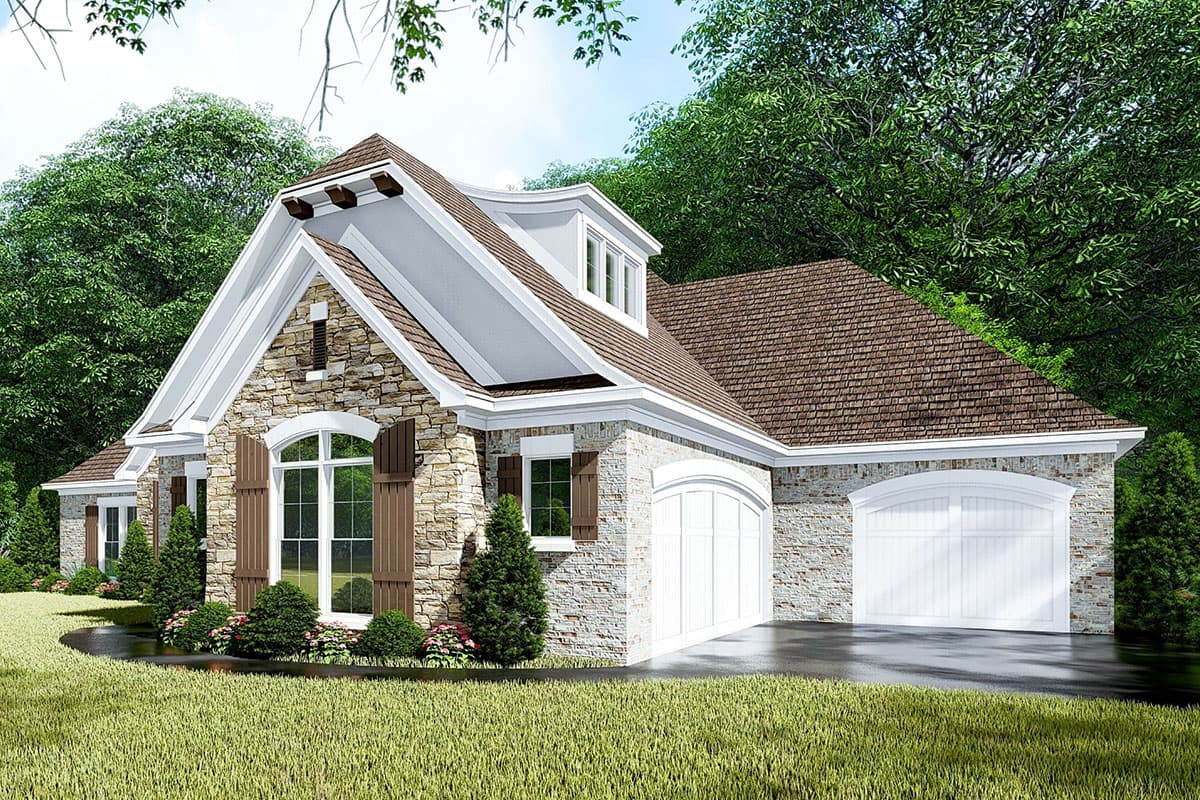 House plan exterior: stone and brick, two-story, gabled roof, dormer, arched garage doors, decorative eaves.