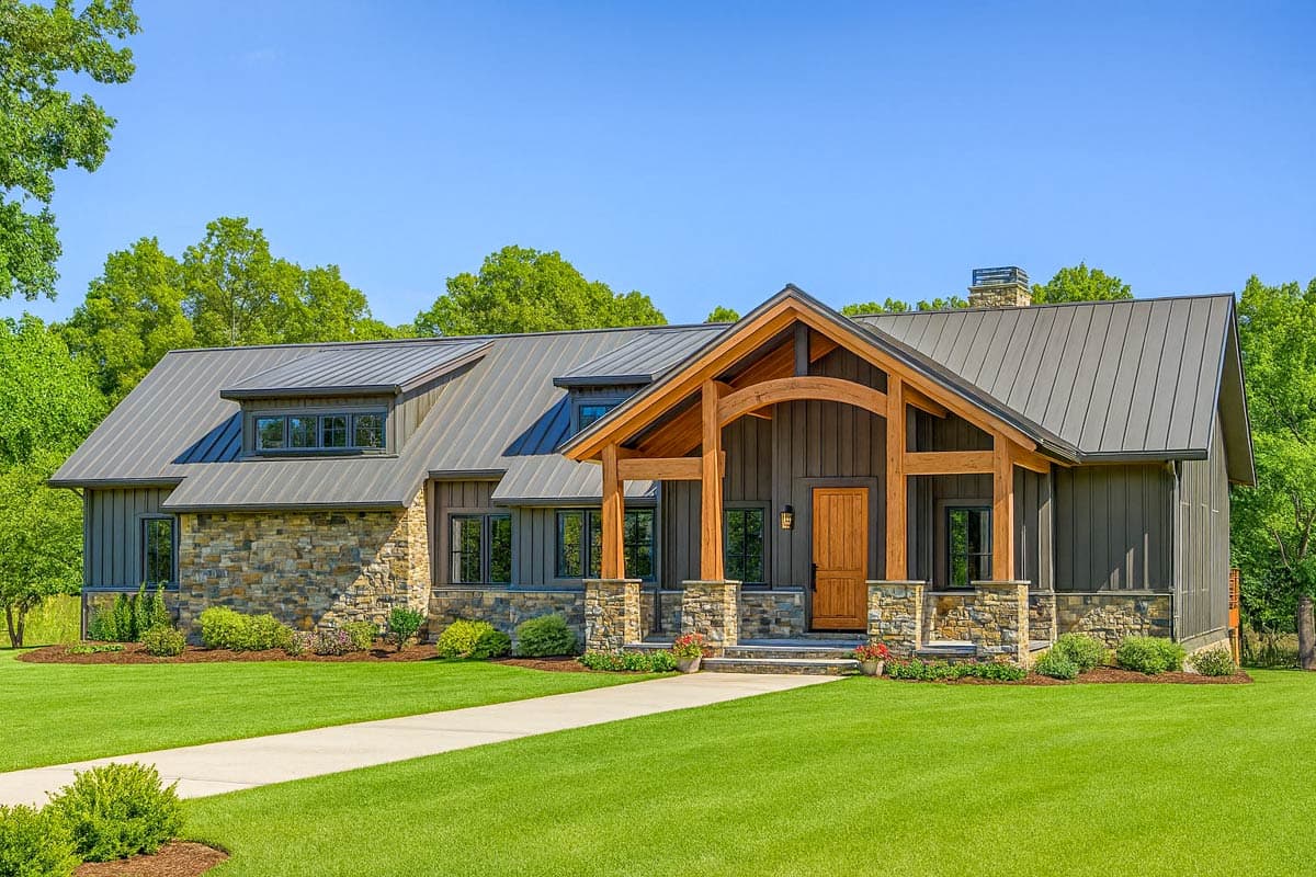 House plan exterior with board and batten siding, metal roof, stone accents, and a covered porch with exposed beams.