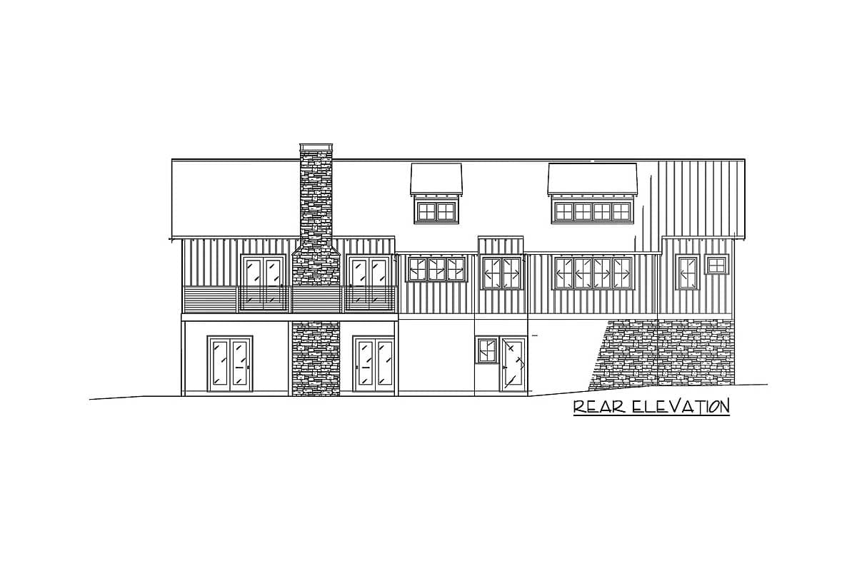 Rear elevation drawing of a two-story house plan with a prominent stone chimney, multiple windows, and stone foundation.