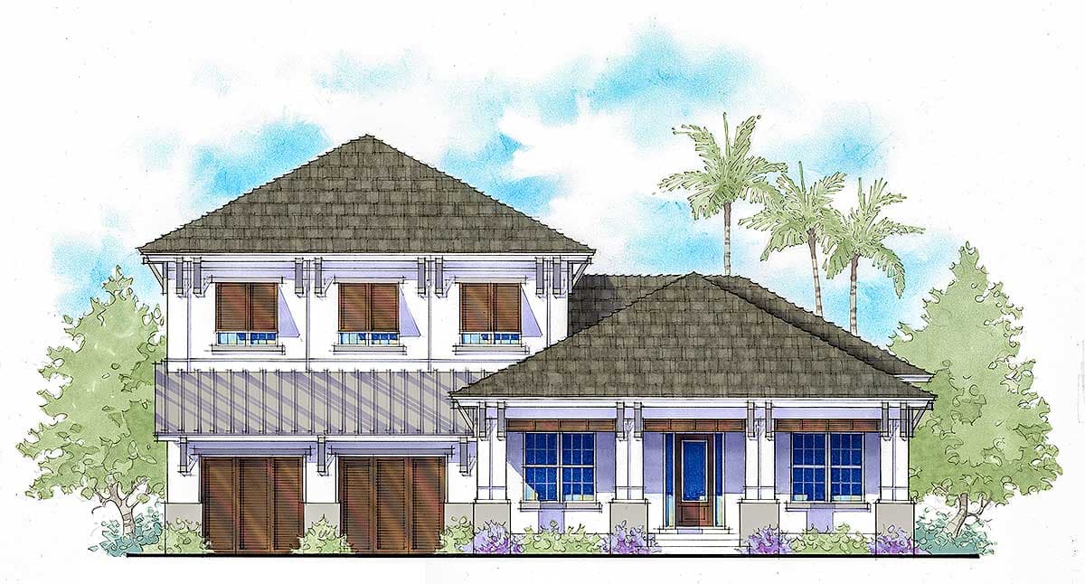 House plan exterior. Two-story home with a hipped roof and gabled roof. Features include a front porch, garage, and exposed rafter tails.