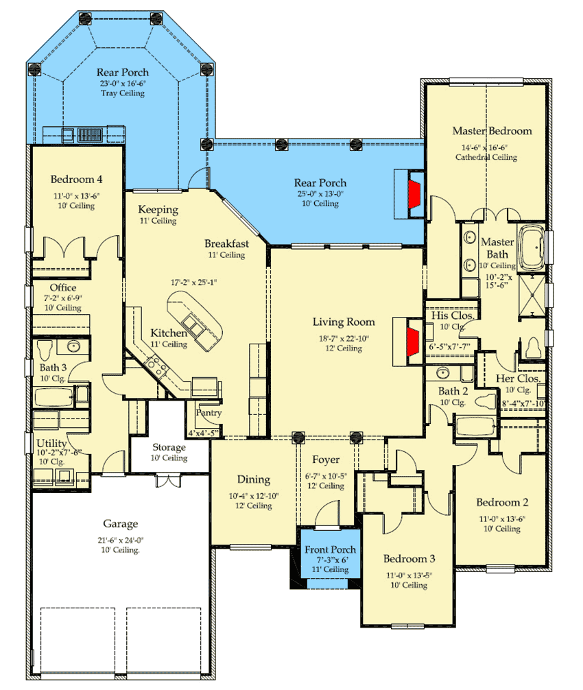 Plan 860015MCD: 3-Bed French Country-Style House Plan with Brick and Stucco Exterior - Floor Plan - Main Level - European, French Country, Southern