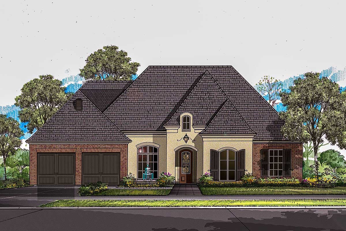 House plan exterior: One-story home with attached side-entry two-car garage, arched entryway, dormer, and brick accents.