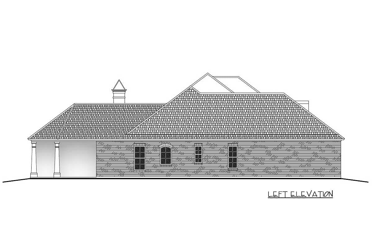 Left elevation of a house plan showing a covered porch with columns, a cupola, multiple gables, and several windows.