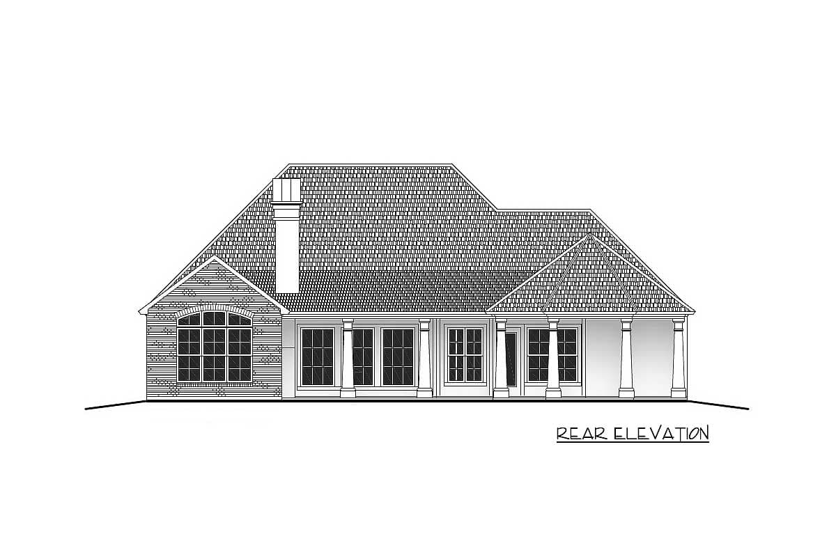 Rear elevation house plan featuring a prominent gabled dormer, large windows, and a covered porch with columns.