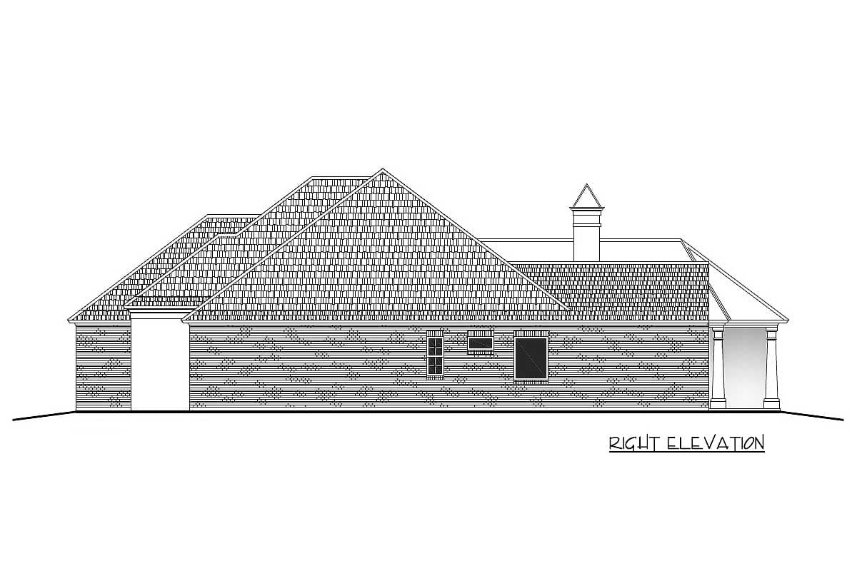 Right elevation house plan showing multiple gables, dormer, chimney, and porch with columns.