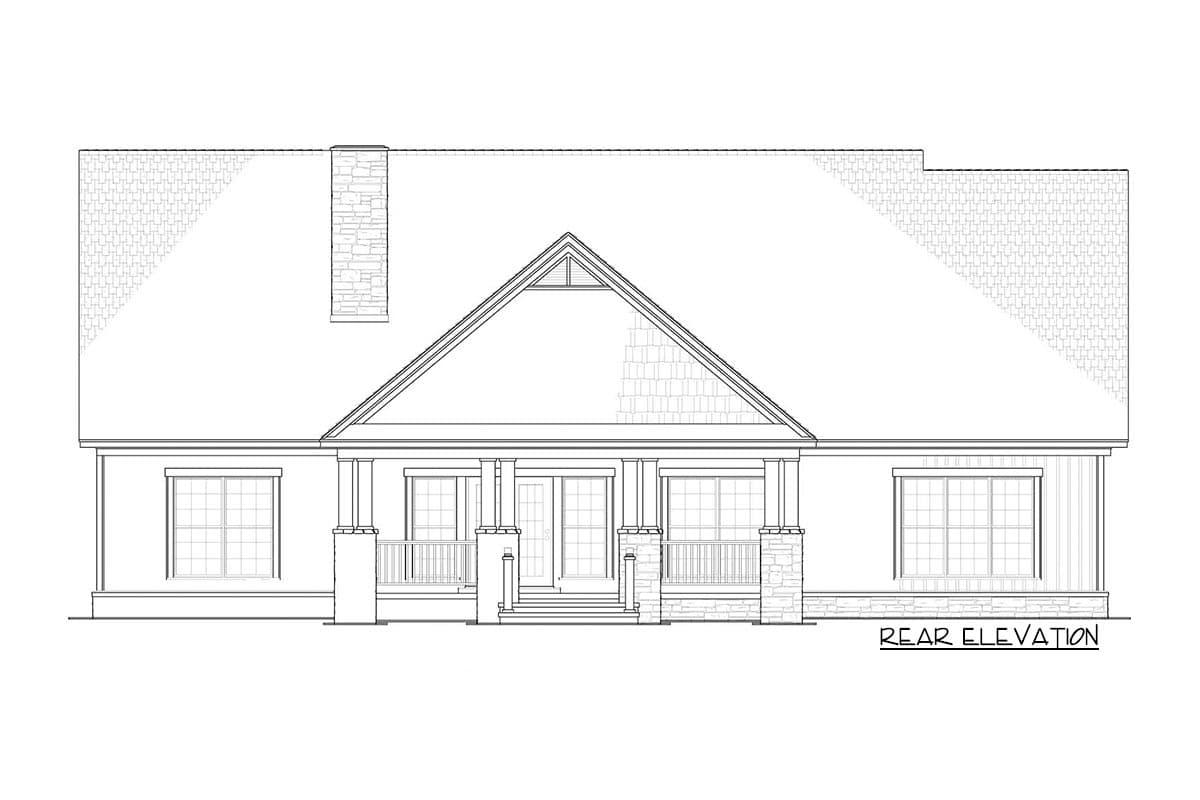 Rear elevation house plan with a covered porch, stone chimney, gabled dormer, and multiple windows.