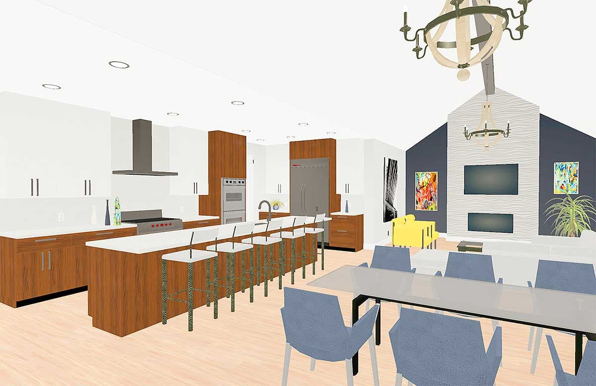 Modern open-concept kitchen with large island, adjoining dining area and living room with fireplace and entertainment center.