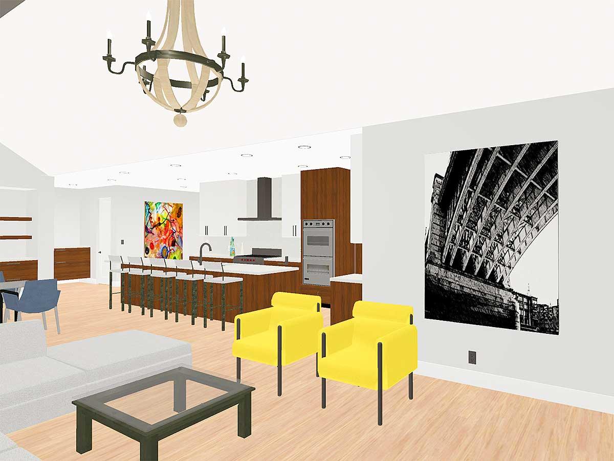 Open concept living space with island kitchen, seating, and contemporary art. Modern interior rendering.