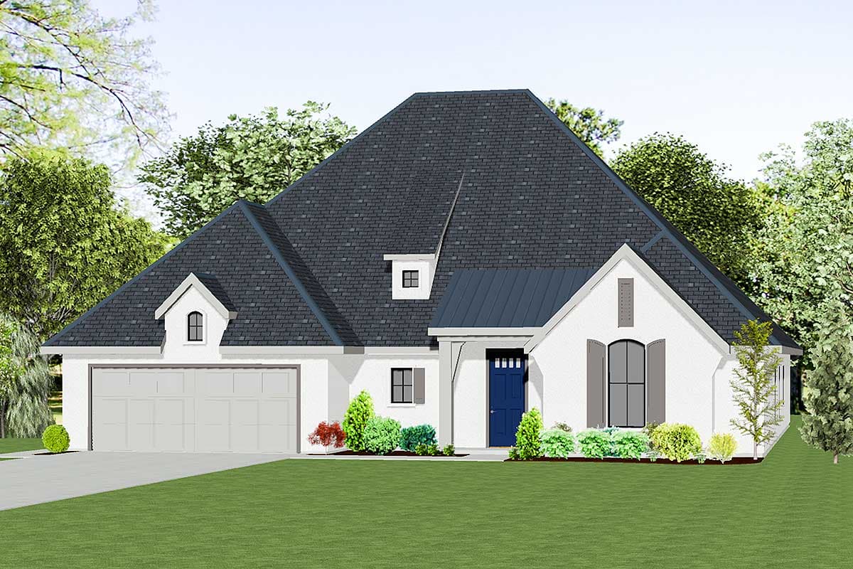 House plan exterior. One-story home with dormers, gable roof, and attached garage. Features a blue front door and shuttered windows.