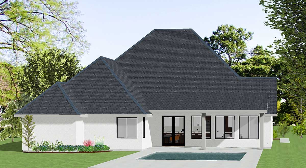 House plan exterior: one-story Modern Farmhouse with gabled roof, covered patio, large windows, and swimming pool.