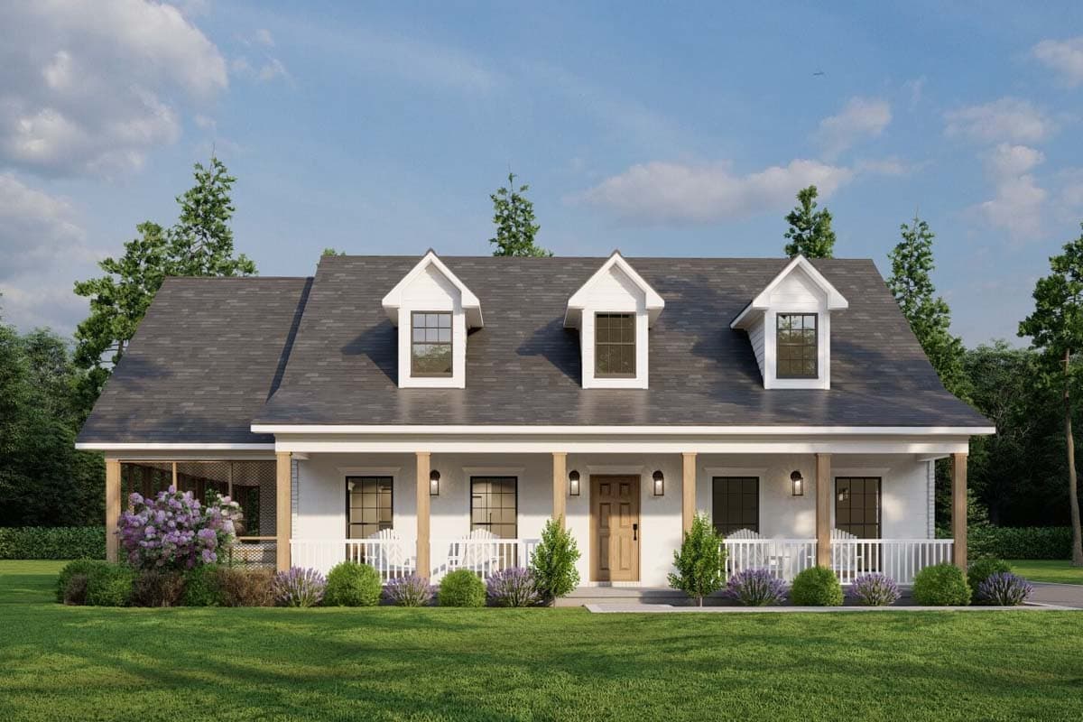 Modern Farmhouse house plan exterior with full-width porch, three gables, and dormers. One story.