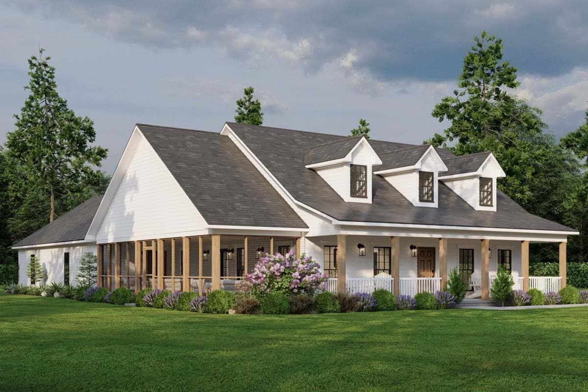 House plan exterior. Farmhouse style, one-story. Features include a wraparound porch, gabled roof, dormers, and screened porch area.