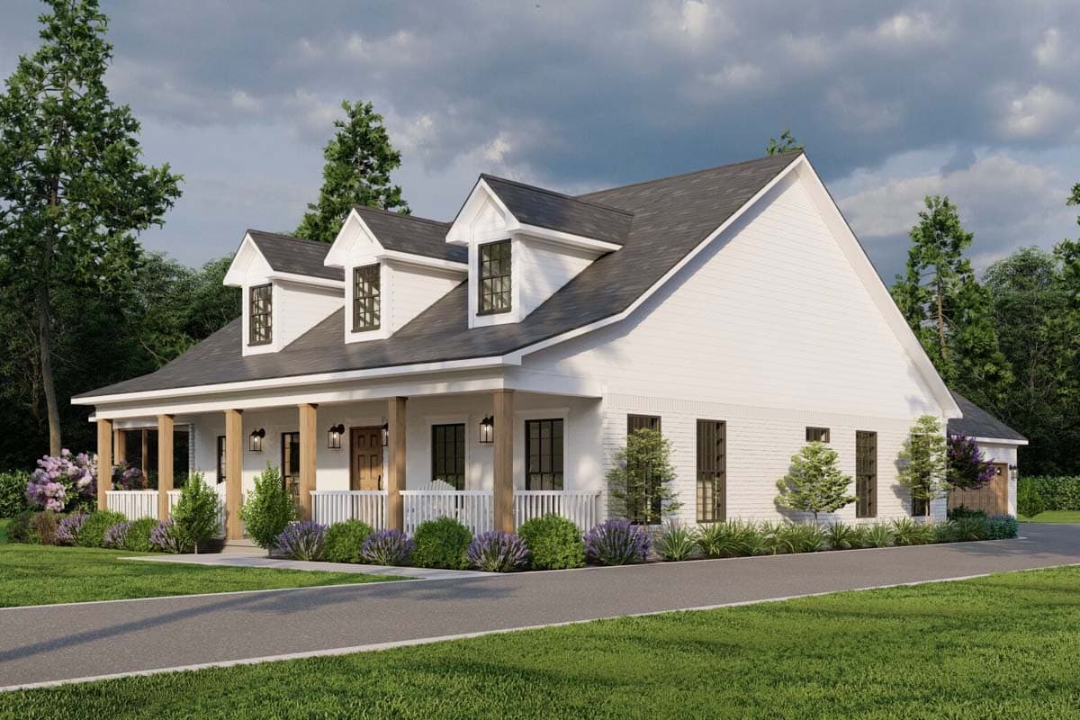 House plan exterior of a one-story Modern Farmhouse with a wrap-around porch, three dormers, and a gabled roof.