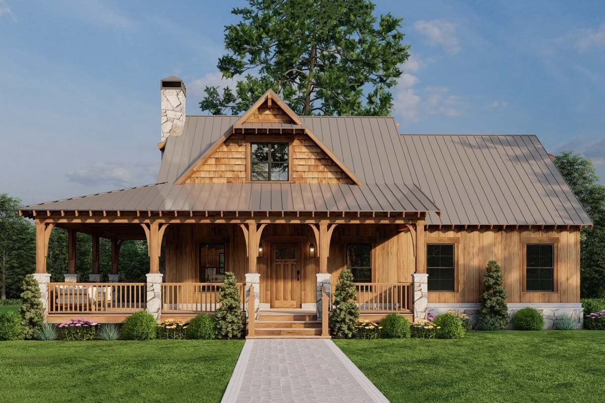 House plan exterior with Craftsman style. Features include a covered porch, gable roof with dormer, and stone chimney.