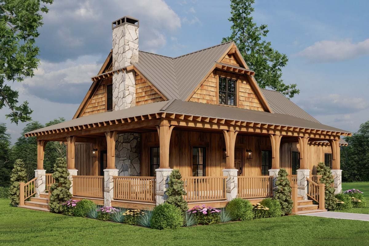 House plan exterior: Craftsman style, two-story with a wraparound porch, stone chimney, and wood shake siding.