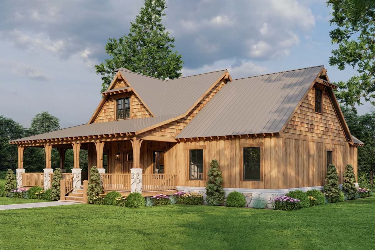 Craftsman style house plan exterior with wraparound porch, stone accents, cedar shingles, and metal roof.