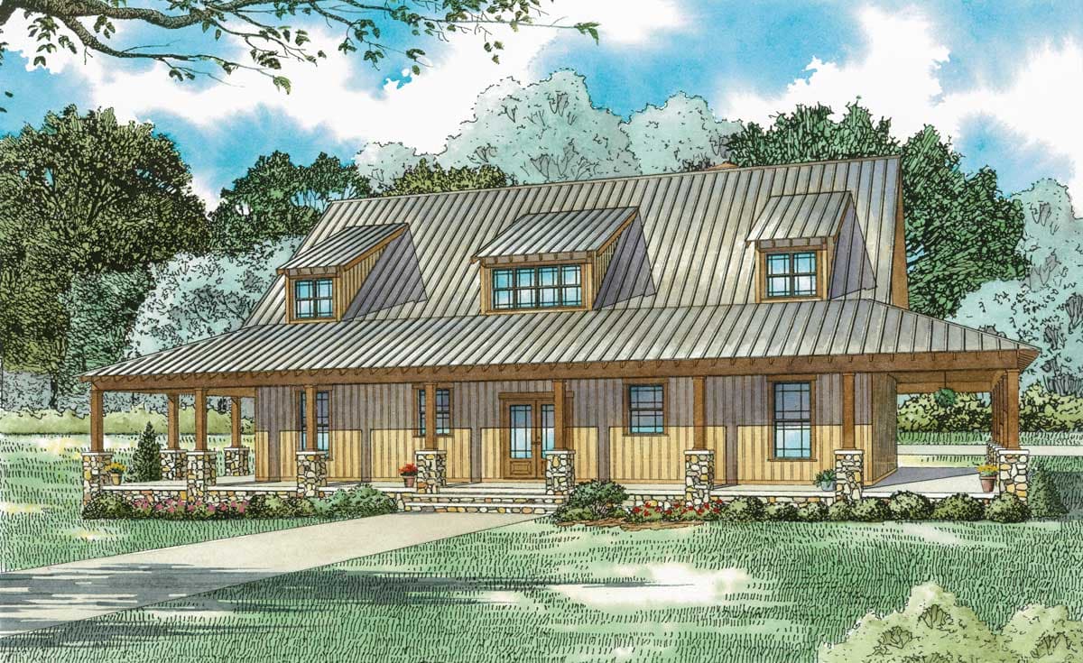 House plan exterior: Metal gambrel roof, wide wrap-around porch with stone columns, and attached carport.