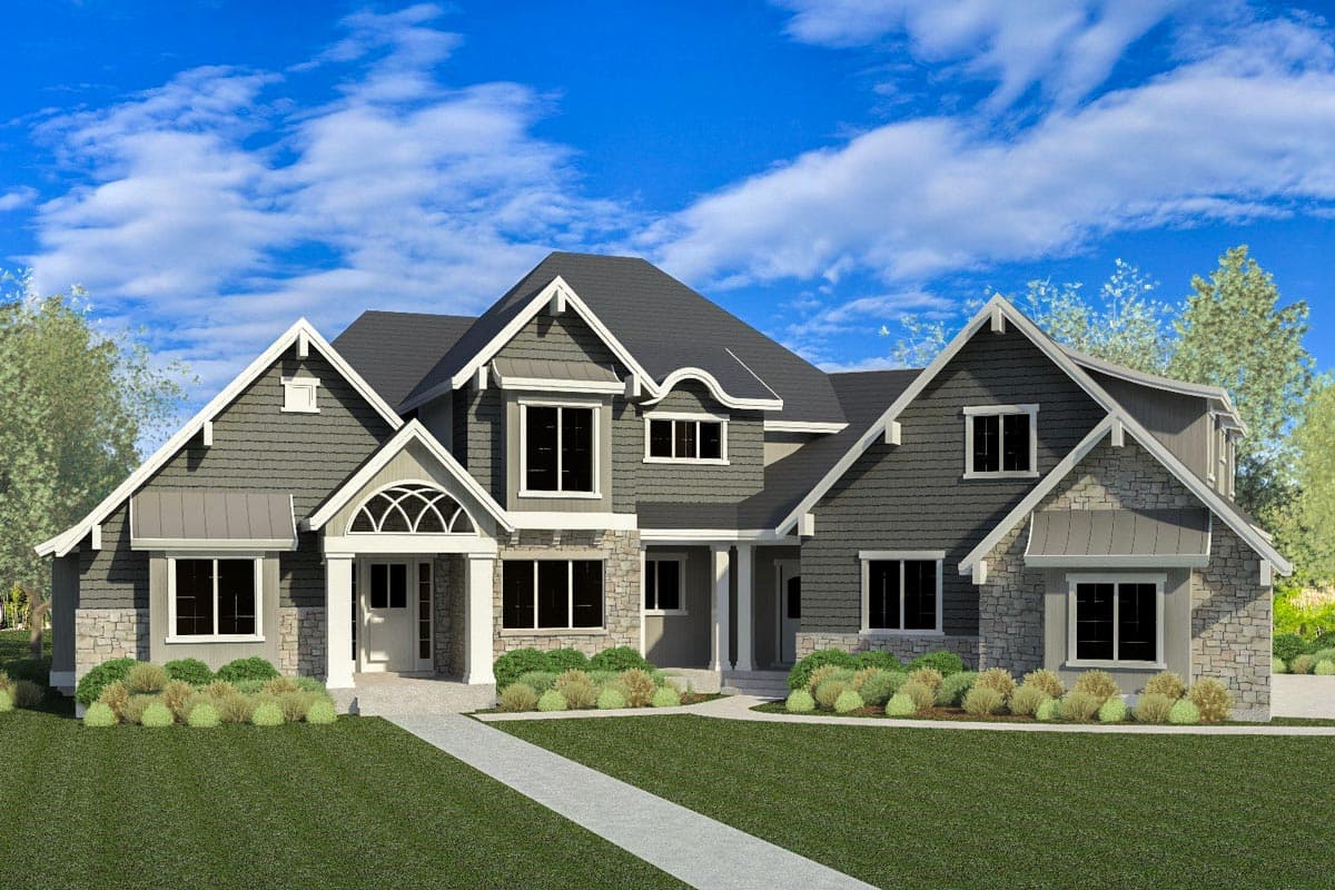House plan exterior. Two-story home with Craftsman details. Features include gabled rooflines, stone facade accents, and a covered front entry.