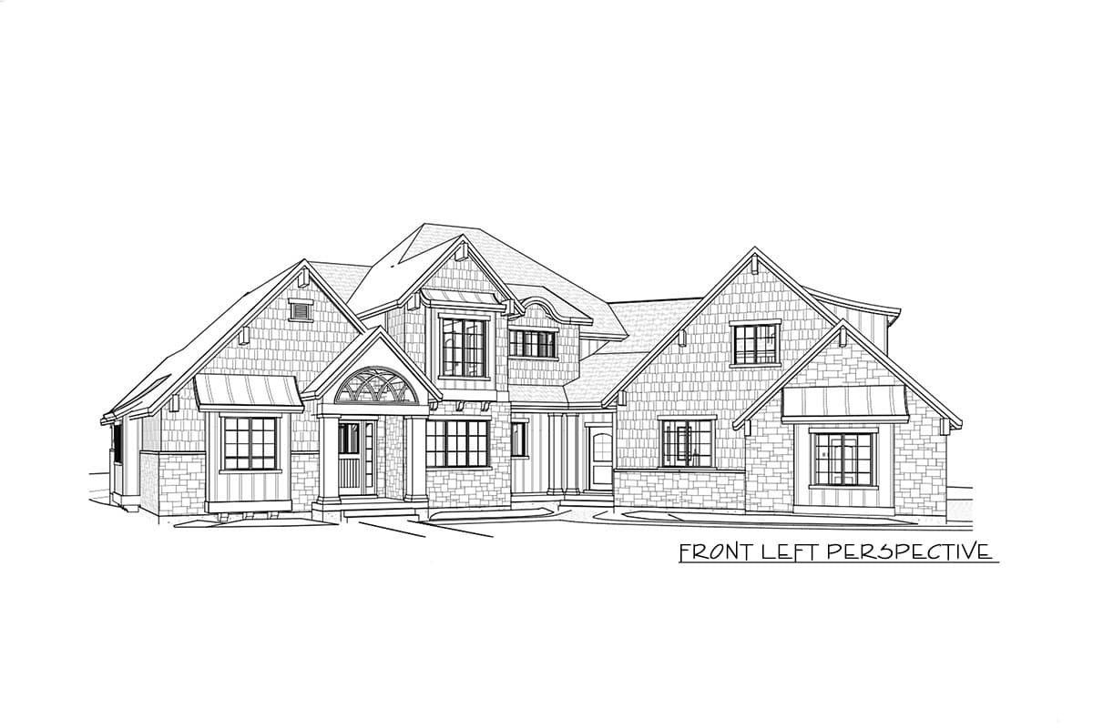Front left perspective house plan exterior with stone and shingle siding, multiple gables, and arched entryway.