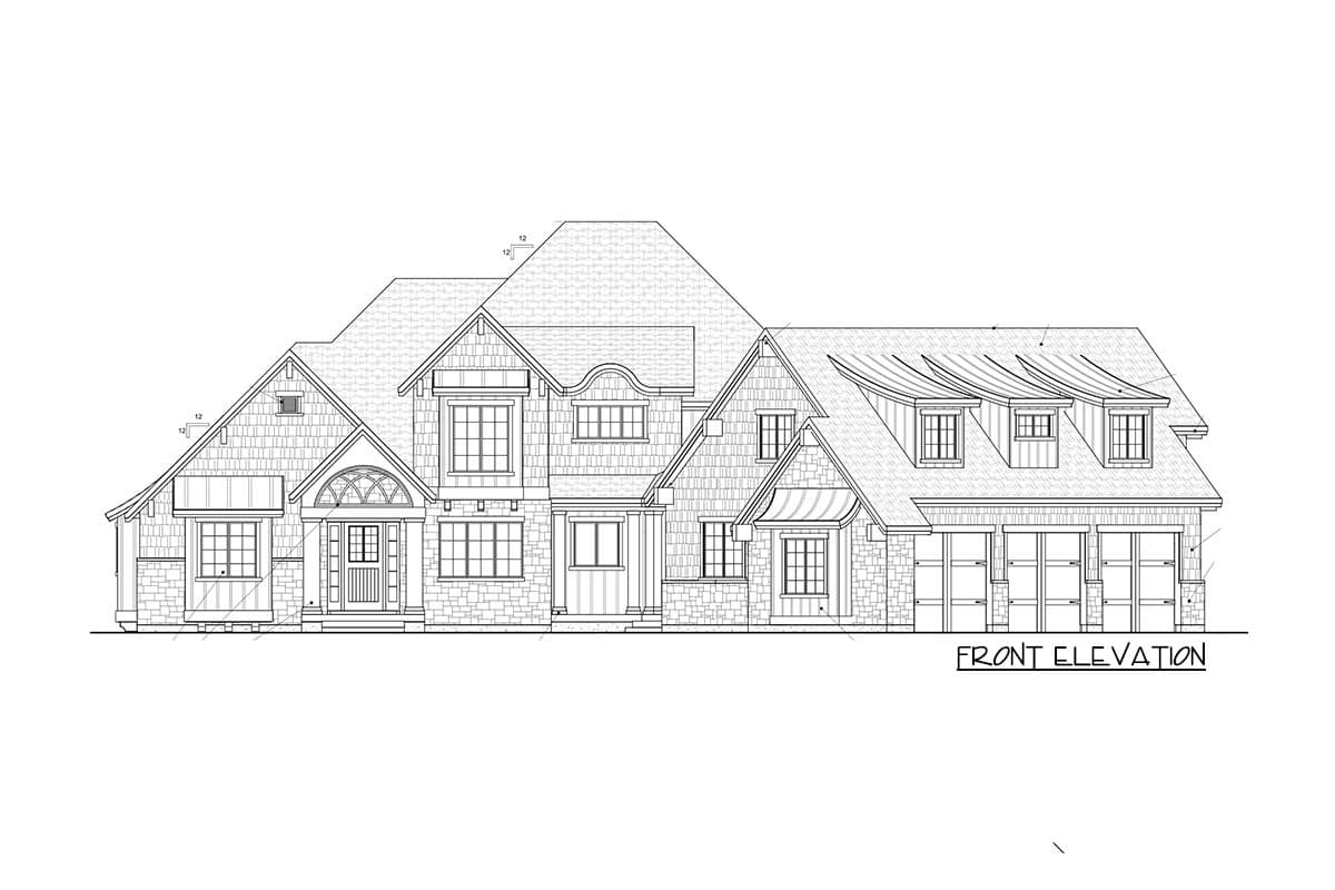 Front elevation house plan showing layered gables, dormers, stone and shingle siding, and a three-car garage.