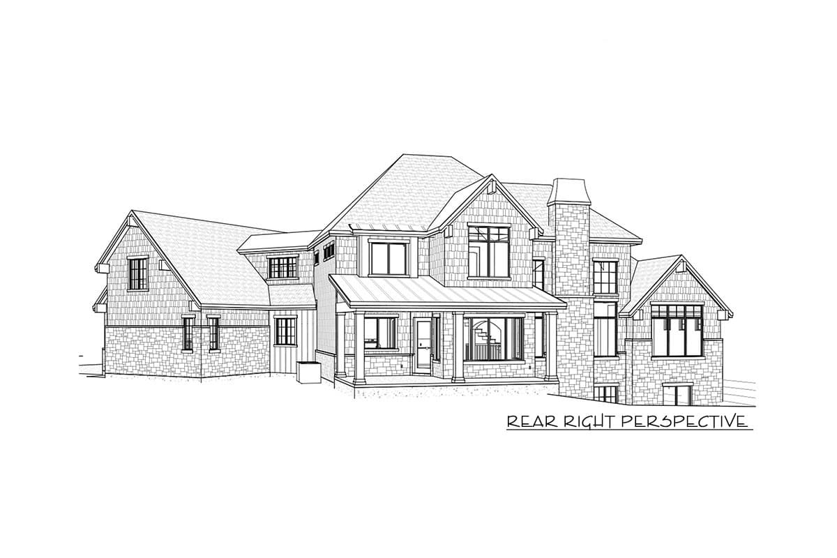 Architectural drawing of a house plan exterior, rear right perspective, featuring gables, dormers, a covered porch, and stone and shingle siding.
