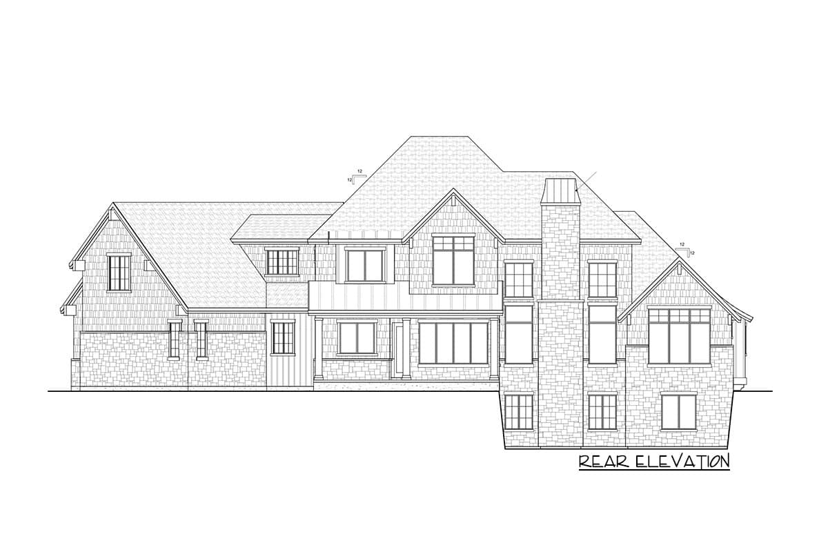 Rear elevation drawing of a multi-story house with stone and shingle exterior, large windows, and prominent chimneys.