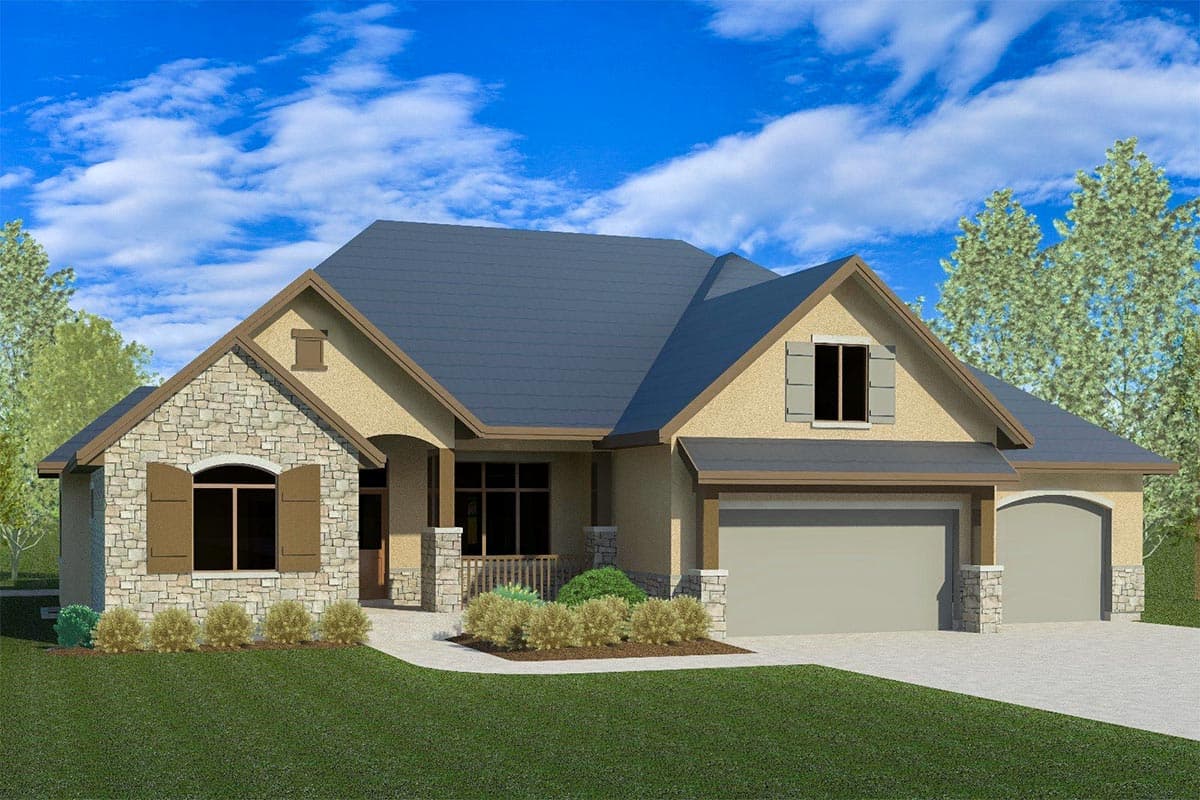 House plan exterior. Ranch-style home with stone facade, covered porch, and gabled roofline. Features include a two-car garage.