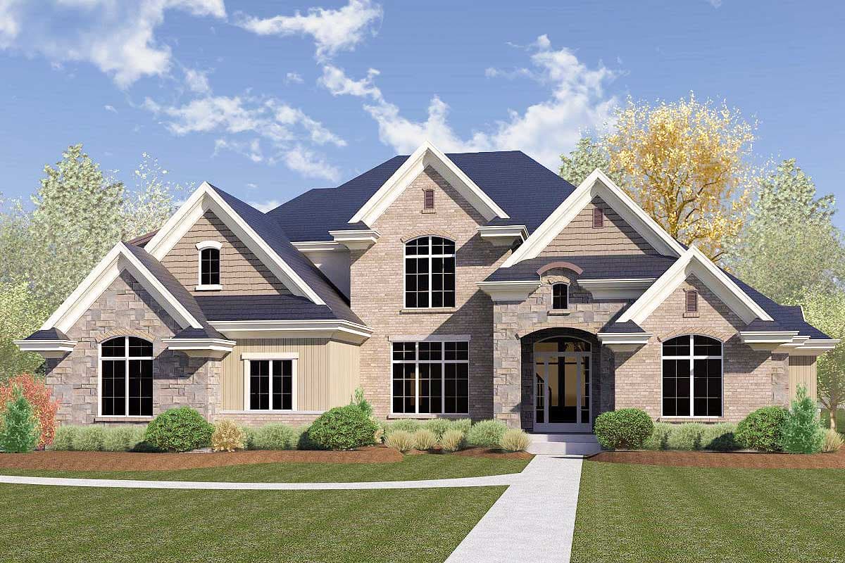 House plan exterior with two stories, gabled rooflines, stone facade, arched windows, and a covered entry.