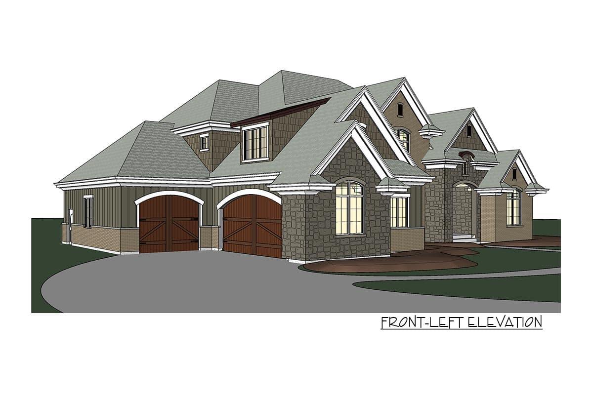 Front-left elevation of a multi-story house plan with a three-car garage, stone and shingle facade, and multiple gables.