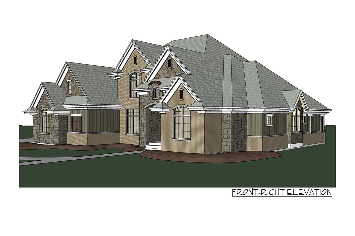 Front-right elevation of a two-story house plan with gables, stone accents, and multi-pitched rooflines.
