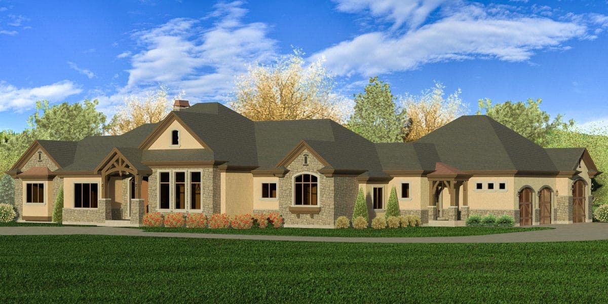 House plan exterior. One-story Ranch style home with gabled roof, stone accents, multiple dormers, and a covered front entry porch.