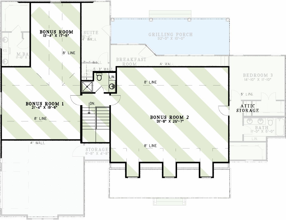 Plan 60703ND: Country Classic With Two Bonus Rooms Upstairs - 2245 Sq Ft - Floor Plan - 2nd Floor - Country, Farmhouse, Southern, Traditional