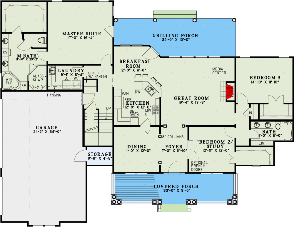 Plan 60703ND: Country Classic With Two Bonus Rooms Upstairs - 2245 Sq Ft - Floor Plan - Main Level - Country, Farmhouse, Southern, Traditional
