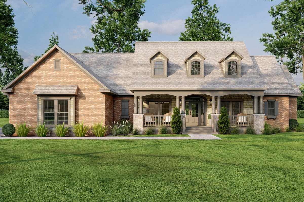 House plan exterior with Craftsman style. Features include a front porch, gables, and dormers. The house is one story with a brick facade.