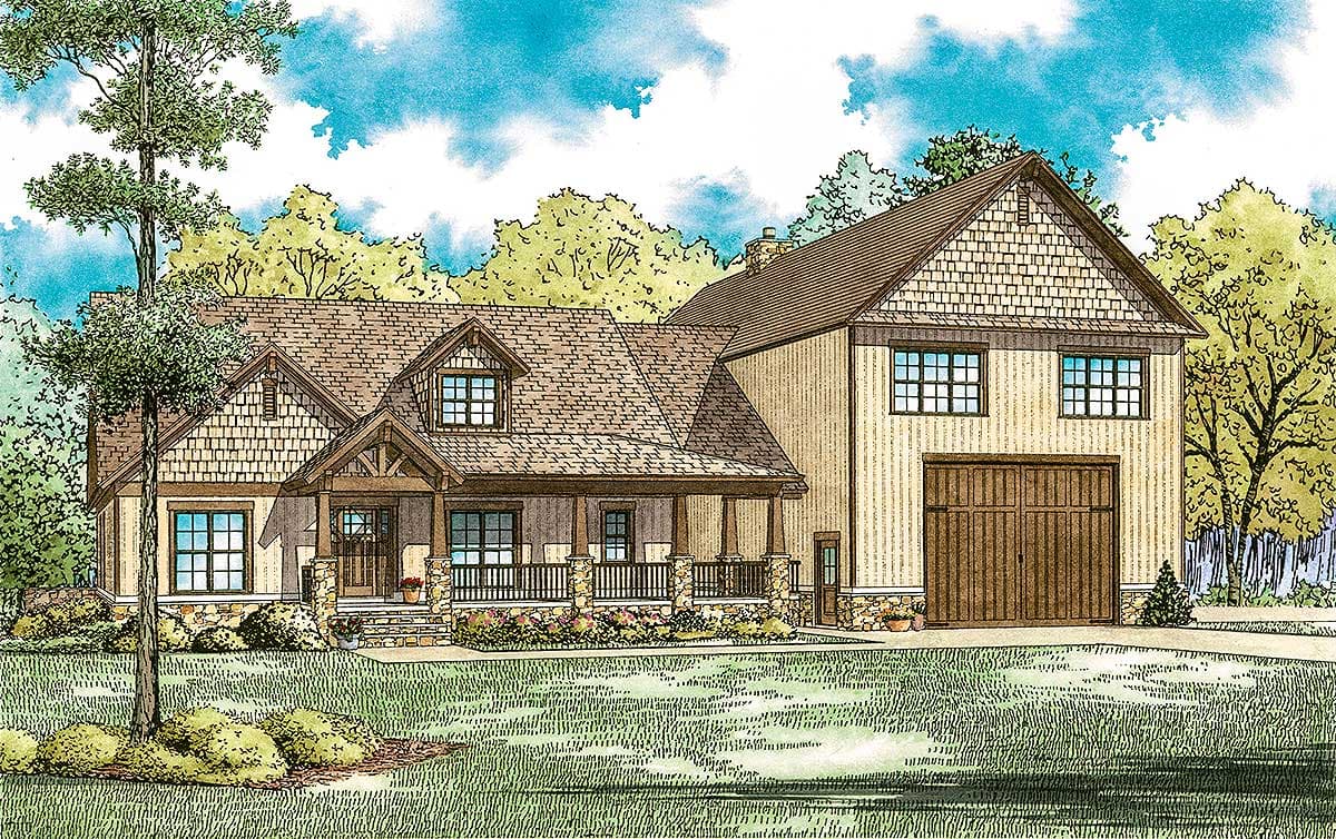 House plan exterior: Craftsman style, two stories, wraparound porch, dormers, and attached two-car garage.