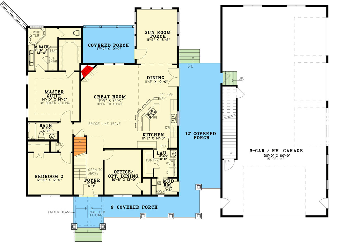 Plan 60704ND: Country Home Plan With RV Garage And Upstairs Apartment - 2816 Sq Ft - Floor Plan - Main Level  - Country, Rustic, Southern, Traditional