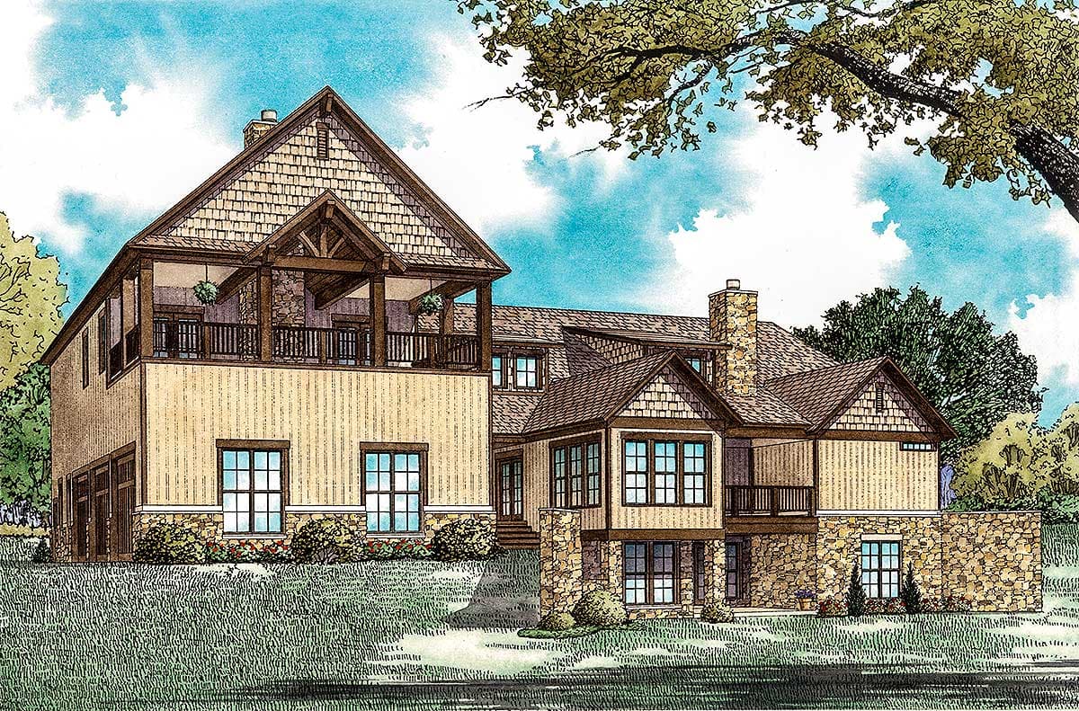 House plan exterior with stone accents, large gables, covered second-story balcony, and multiple rooflines.