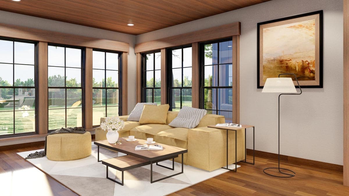 Living room rendering with a yellow sectional sofa, wood-paneled ceiling, and large windows overlooking a yard.