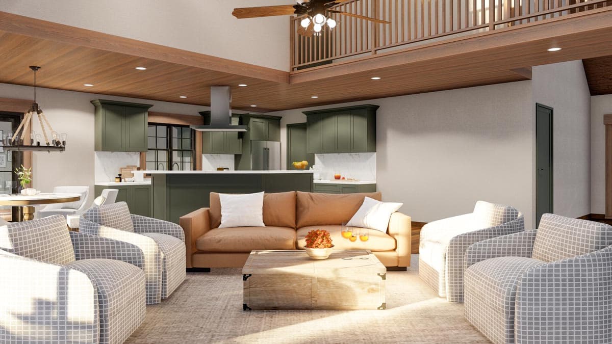 Interior rendering of an open-concept living area with vaulted wooden ceiling, kitchen island, and sectional seating.