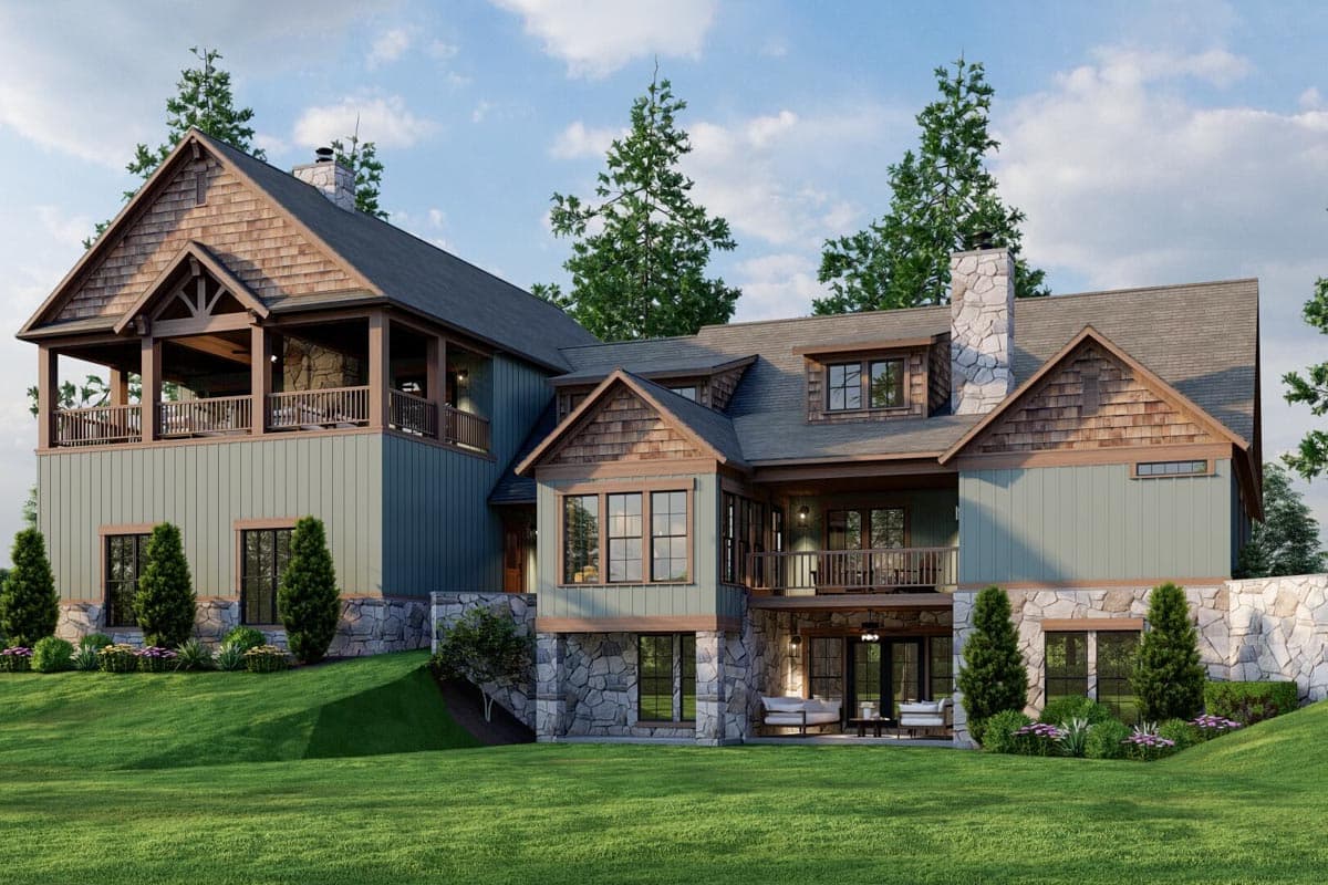 House plan exterior, multi-story structure with stone foundation, vertical siding, gabled dormers, and covered balconies.