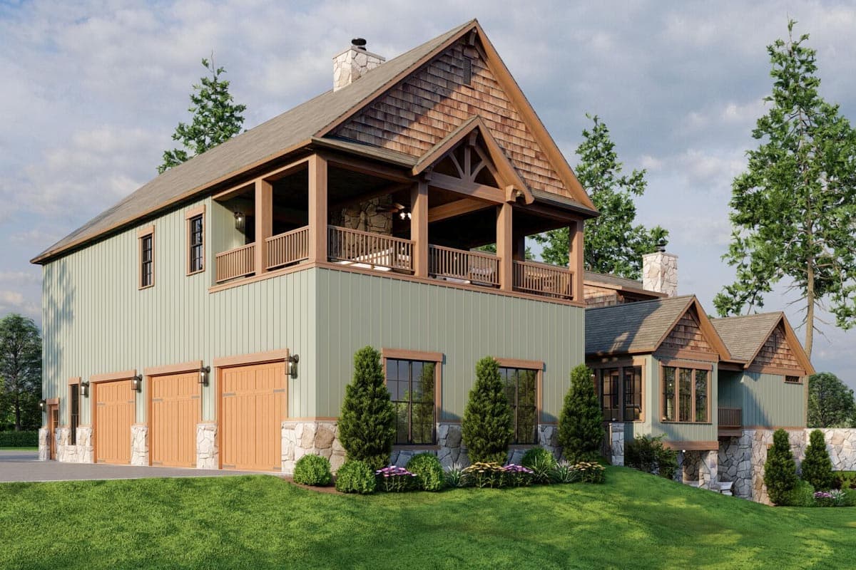 House plan exterior of a two-story home with a three-car garage, a covered upper-level balcony, and timber accents.
