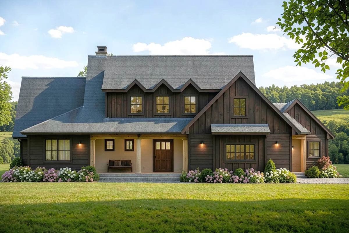 A large, two-story farmhouse with a dark brown exterior and gray roof sits on a green lawn, fronted by a porch with a bench.