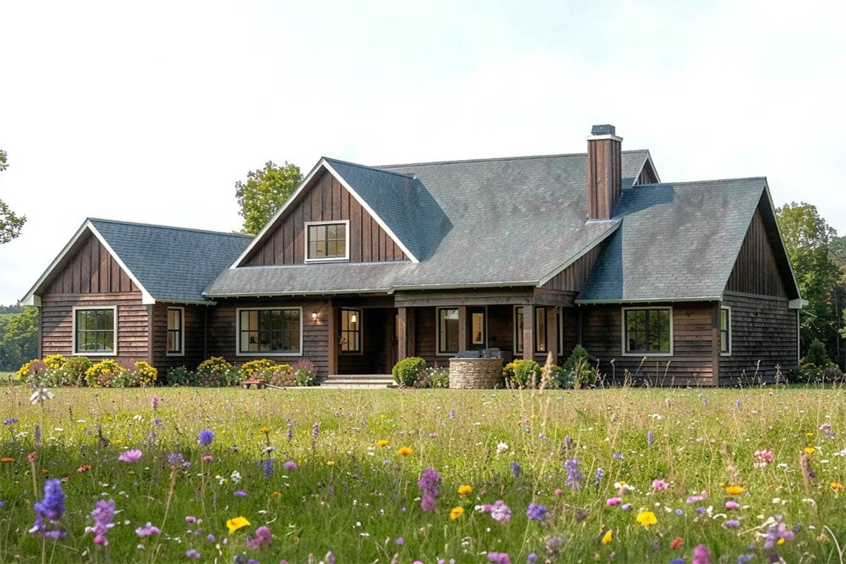 House plan exterior: Ranch-style home with wood siding, gables, a covered porch, and a stone well feature.