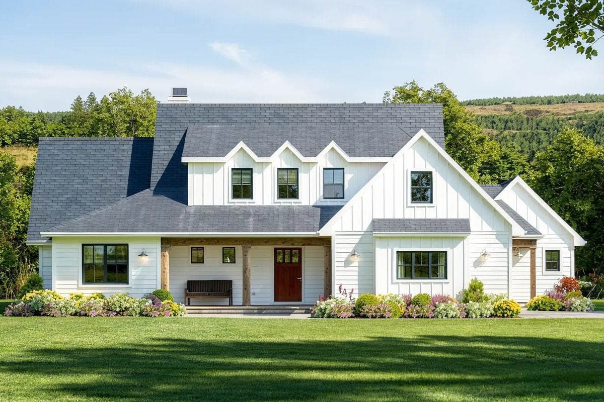 Modern farmhouse exterior with board and batten siding, gabled dormers, and a covered front porch with timber posts.