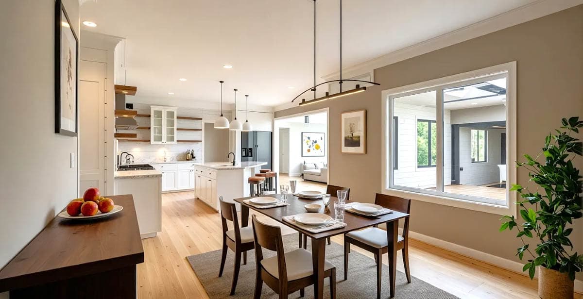 Dining area with table and chairs adjacent to kitchen with island and large window overlooking patio.