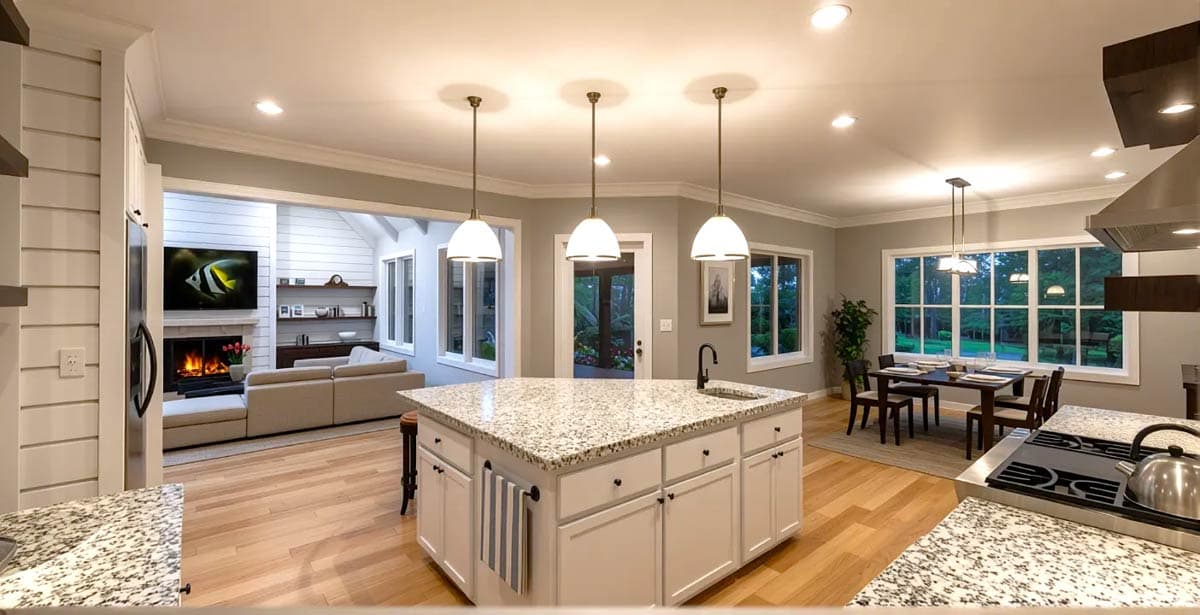 Open concept kitchen with island, dining area, and living room featuring a fireplace and shiplap accent wall.