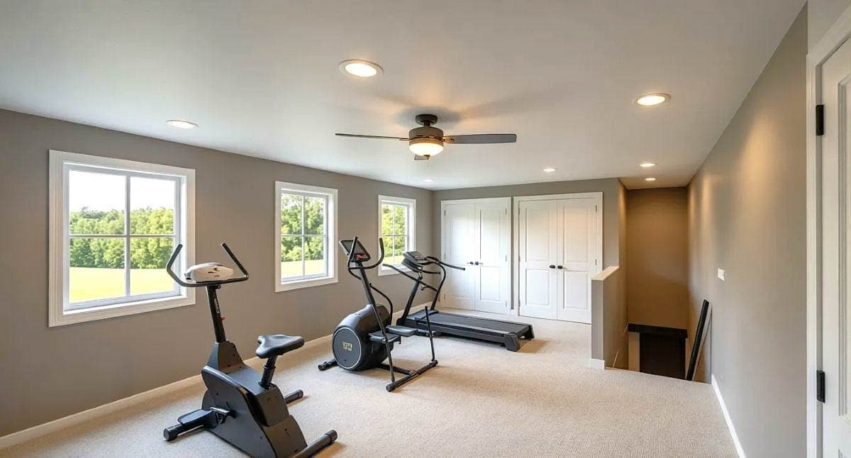 Home gym with treadmill, stationary bike, and elliptical machine near double doors and a staircase. Three windows overlook trees.